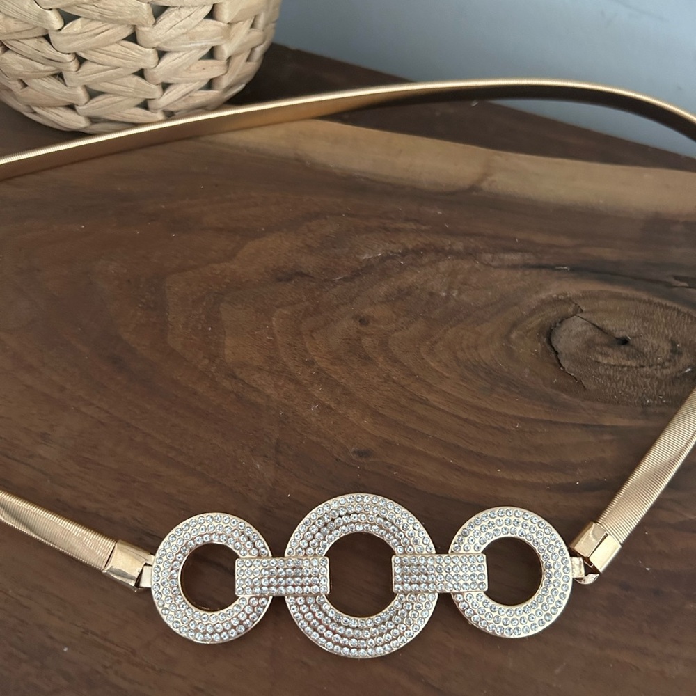 Rhinestone Stretch Gold Tone Belt 3 circles dressy
